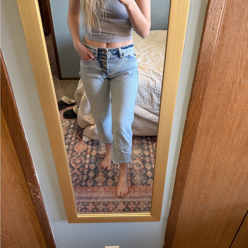 KanCan Light Blue High-Rise Button-Fly Cropped Jeans